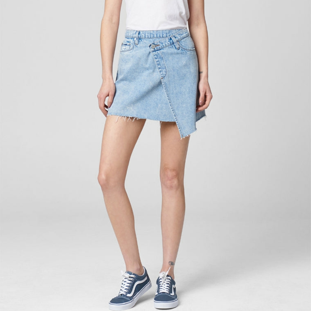 Blank NYC Acid Trip Asymmetrical Slanted Jean Denim Skirt Distressed 26